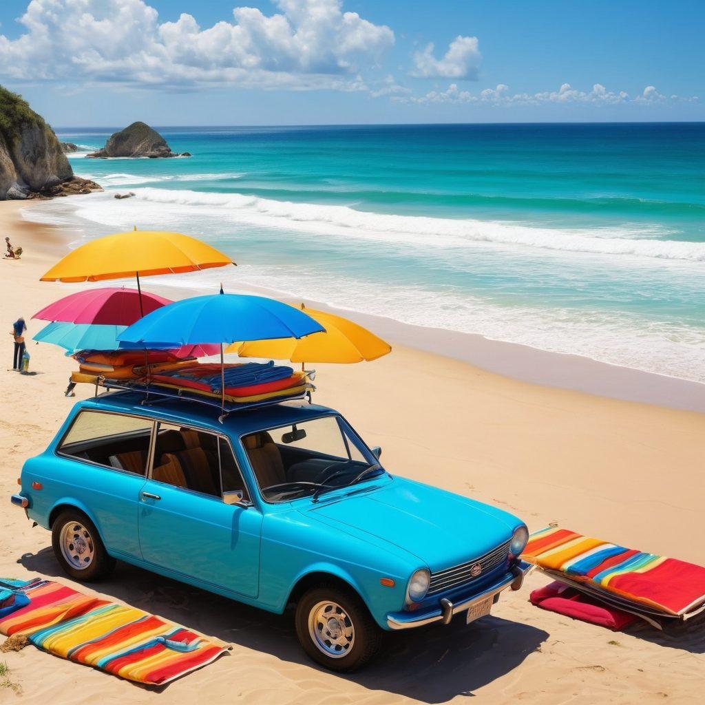 A sun-soaked beach scene featuring a vibrant blue ocean and golden sands, with a family packing their car with beach gear and surfboards, while a stylish convertible is parked nearby. Bright umbrellas and colorful beach towels create a festive atmosphere. The sky is clear with a few fluffy clouds, evoking a sense of summer fun and adventure. super-realistic. vibrant colors. 3D.