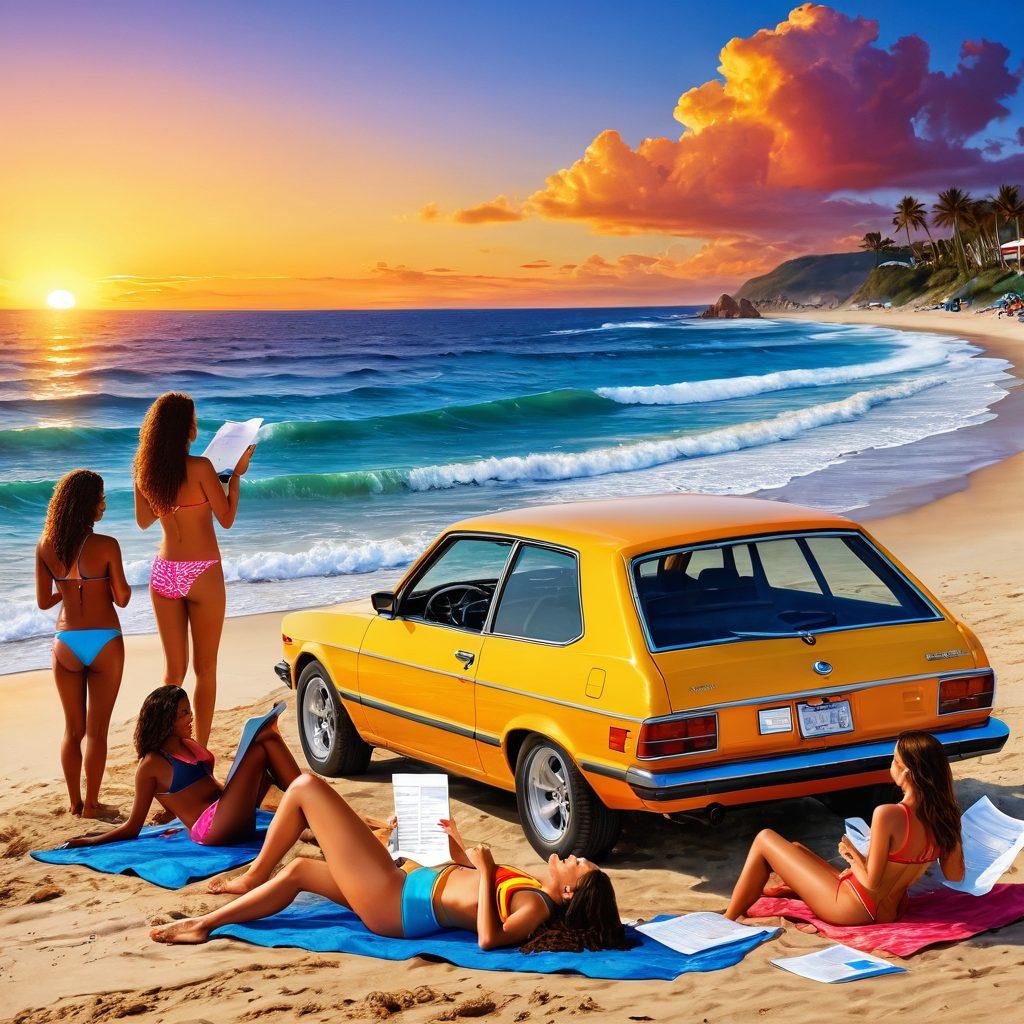 A vibrant beach scene depicting a diverse group of people relaxing in colorful bikinis while reading automobile insurance documents. In the background, waves crash against the shore, and the sun sets, casting a warm glow. Integrate symbolic elements representing insurance, like shield icons and cars, subtly in the sand. Make it lively and engaging with a touch of humor, capturing the essence of summer vibes and auto insurance. super-realistic. vibrant colors.
