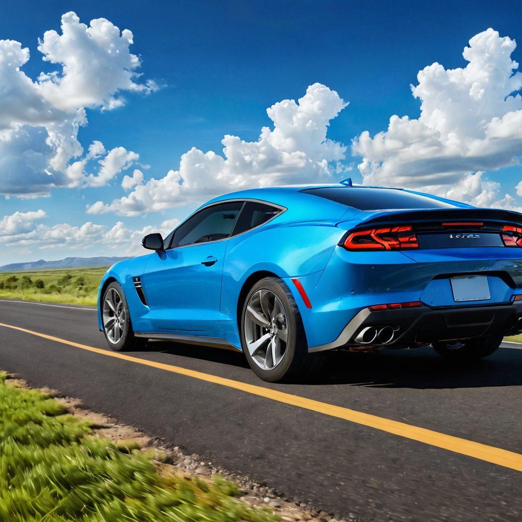 A dynamic depiction of a car transitioning from a rough, damaged state to a sleek, fully covered vehicle under a bright blue sky. Incorporate a visual contrast between insurance policy documents and a shield representing full coverage protection. Showcase a road leading into the horizon, illustrating the journey to finding the perfect insurance fit. Bright colors, smooth gradients, and an uplifting atmosphere should dominate the scene. super-realistic. vibrant colors. white background.